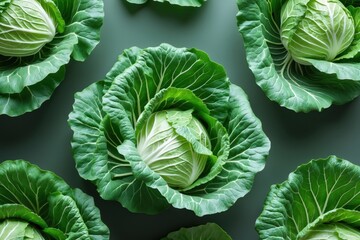 Fototapeta premium Fresh green cabbages arranged symmetrically on a muted green background, showcasing their vibrant leaves and intricate patterns