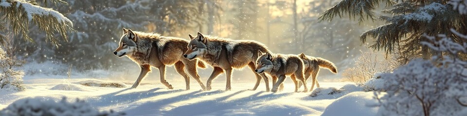Obraz premium A family of wolves walking in the snow-covered wilderness, their fur shimmering under the winter sunlight.