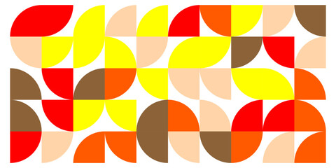geometric abstract pattern with semicircles and quarter circles in red, yellow, orange, brown, and beige. The design creates a modern, retro-style mosaic with a dynamic and artistic look.