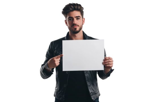A man holding a white, blank sheet of paper, isolated on a white background,