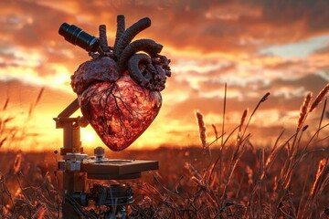 A translucent heart rests on a microscope under a vibrant sunset, evoking a sense of both fragility and resilience.