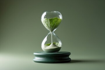 A unique hourglass featuring green leaves and sand against a muted green backdrop, symbolizing the passage of time and nature's beauty