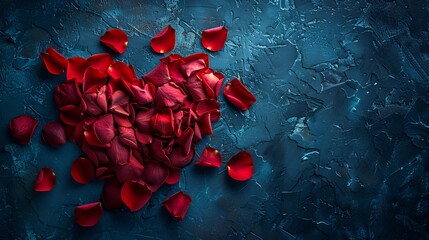 Red rose petals arranged a heart shape dark luxury background and copy space for love messages