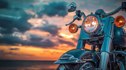 Naklejka premium Chrome Motorcycle Silhouette: A classic motorcycle basks in the golden hour, its gleaming chrome reflecting the fiery hues of the setting sun.