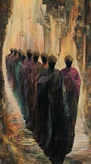 Monks walking in a solemn processional path.