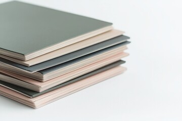A stack of neatly arranged books with pastel pink and dark gray covers.