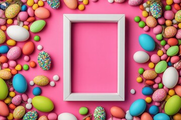 Colorful flat lay featuring Easter gift boxes and assorted candies Generative AI