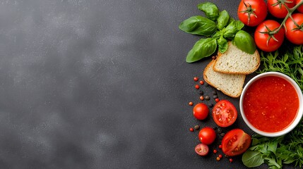 Preparing Tomato Soup Flat Lay with Bread and Fresh Herbs