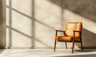 Tan leather armchair in sunlit room
