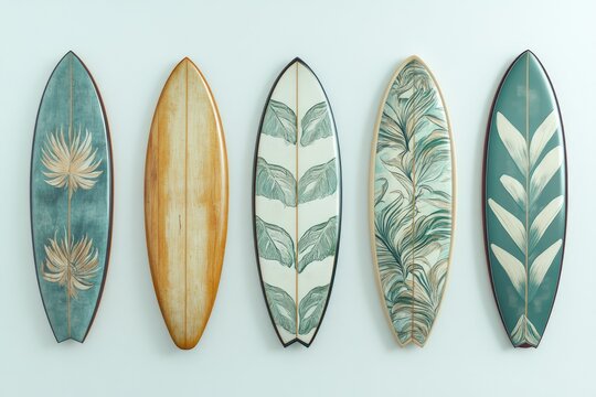 Five vintage surfboards with tropical leaf patterns - Powered by Adobe