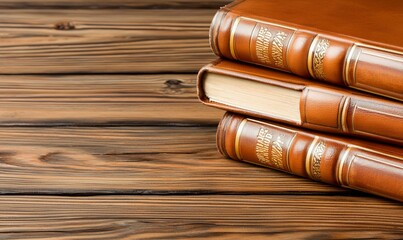 Stack of antique leather-bound books on a wooden table