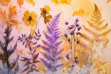 Pressed flowers and ferns artfully arranged on a textured background, creating a delicate and colorful botanical composition.