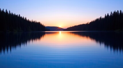 tranquil lake reflecting hues of setting sun surrounded by softly silhouetted trees offers calming foreground awash