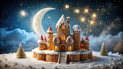 Naklejka premium Drone Photography: Whimsical Gingerbread Castle, Snowy Fantasy Landscape, Crescent Moon