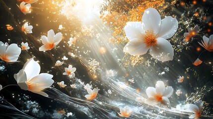 Ethereal White Blossoms Bathed in Radiant Sunlight Exuding Natural Beauty and Serenity