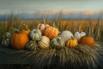 A bountiful autumn harvest of various pumpkins and gourds displayed in a golden wheat field.