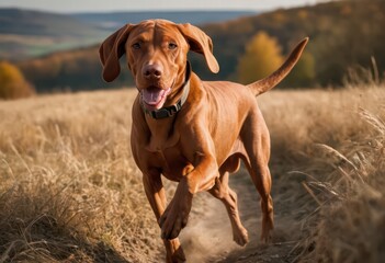 hungarian vizsla running in the contryside, in autumnal meadown, with a beautiful sunset on the sky,hunting pointer dof playing happy on the nature, breed of purebred animal