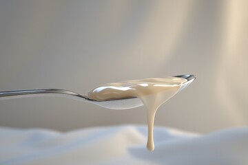 Creamy, thick liquid drips from a spoon, showcasing its smooth texture and rich consistency.