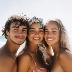 portrait of three young friends at the beach smiling, over exposed beach background