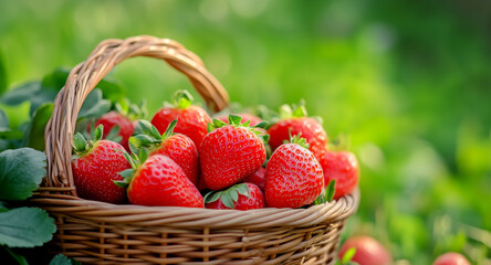 Strawberries in a basket with a green background