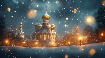 Fototapeta premium Enchanting Snowy Fairytale City with Glowing Onion Domes and Spires at Night