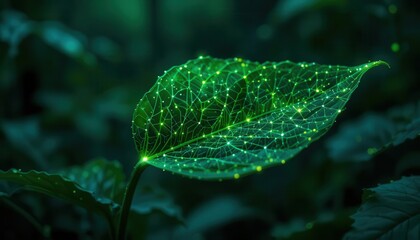 Illuminated leaf close-up rainforest nature photography lush environment macro view digital concept