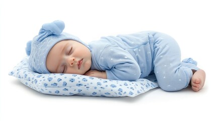 Peaceful sleeping baby in blue outfit on a patterned pillow, surrounded by a serene and calming atmosphere