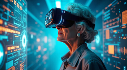 Elderly woman immersed in virtual reality with VR headset and futuristic digital background