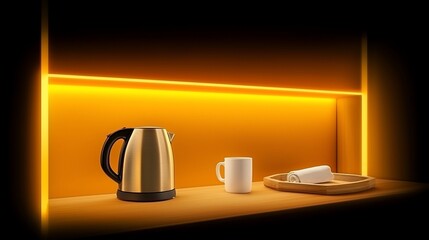 Modern kitchen shelf with warm lighting