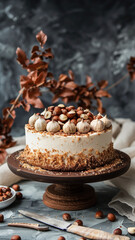 Delicious hazelnut cake with cream and nuts