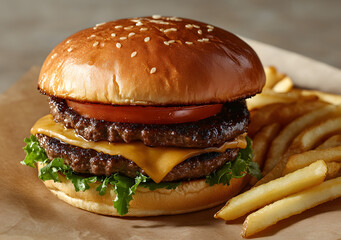 Beef burger stacked with cheese, bacon, and fresh vegetables, captured in a restaurant setting, showcasing a delicious meal composition.	