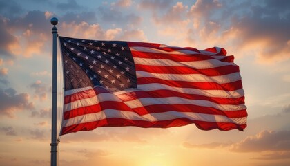 Waving american flag at sunset outdoor photography dramatic sky national pride