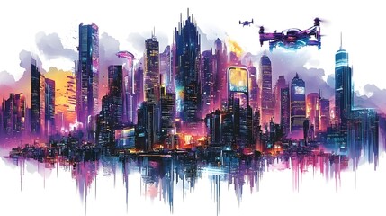 Obraz premium Colorful Futuristic Cityscape with Illuminated Modern Skyscrapers and Reflections on Water
