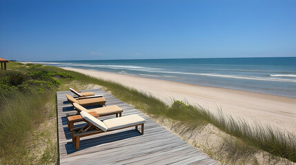 Beachfront loungers, ocean view, dune setting, relaxation
