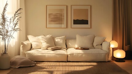 Cozy and Inviting Living Room with Warm Neutral Decor and Soft Lighting