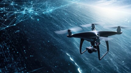 Black drone with camera flies over ocean, showcasing digital data and futuristic city elements