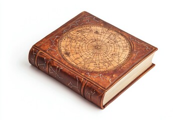Antique leather-bound book featuring a celestial map and constellations, suggesting a journal of astronomical observations or a historical atlas.