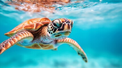 Fototapeta premium Sustainable Environmental Science and Biodiversity Conservation, A sea turtle swimming gracefully in clear blue waters.
