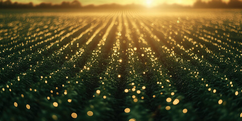 Naklejka premium Vibrant Agriculture farmland, green field with rows of crops under a bright golden hour sunset sunrise sky and fluffy clouds with soft sparkle for productivity of agriculture
