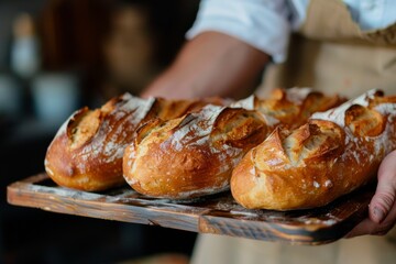 Close up of baker hands holding fresh baked baguette on tray