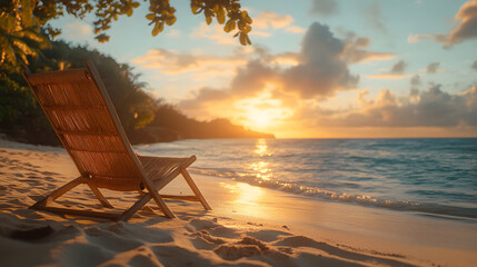 A tranquil beach scene at sunset featuring a wooden chair on the sand, surrounded by lush greenery and gentle waves lapping at the shore