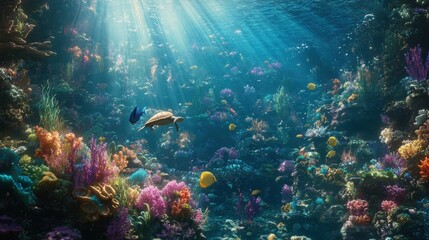 Fototapeta premium Underwater adventure coral reef exploration ocean depths marine life vibrant ecosystem scenic perspective biodiversity awareness