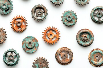 Collection of rusty gears in teal and orange hues arranged on a white background.