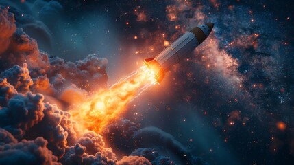Rocket launch bright fire trail dynamic and futuristic branding background with negative space