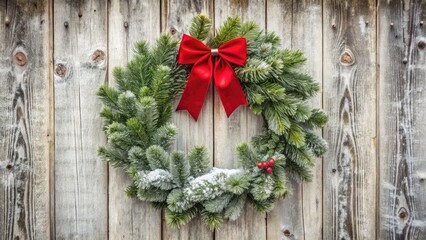 Rustic Christmas Wreath on Whitewashed Door - Snow, Pine, Red Bow, Country Christmas Decor