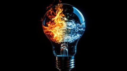 Burning and freezing lightbulb; contrasting elements against black background