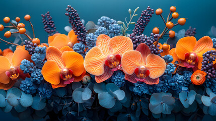 A vibrant arrangement of orange orchids and blue flowers, creating a stunning floral display against a soft blue background © TK