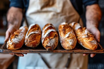 Close up of baker hands holding fresh baked baguette on tray