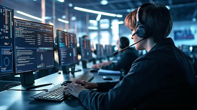 A busy call center with agents interacting with customers through headsets, with monitors and digital tools in view.