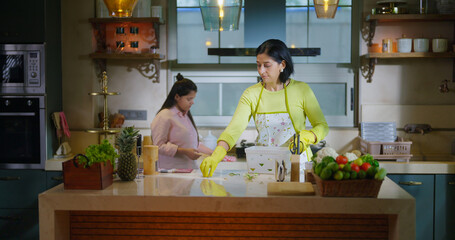 Indian mom standing wear apron and hand gloves collect pick up waste trash in box day time adult...